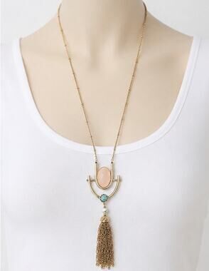 SPRING STREET GOLD TONE PINK TURQUOISE STONE TASSEL LONG PENDANT NECKLACE